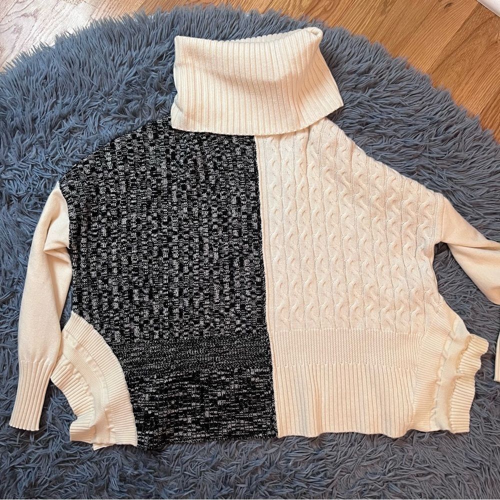 Karen Millen Oversized Wool Cable Knit Mixed Media Turtlene Sweater Size S